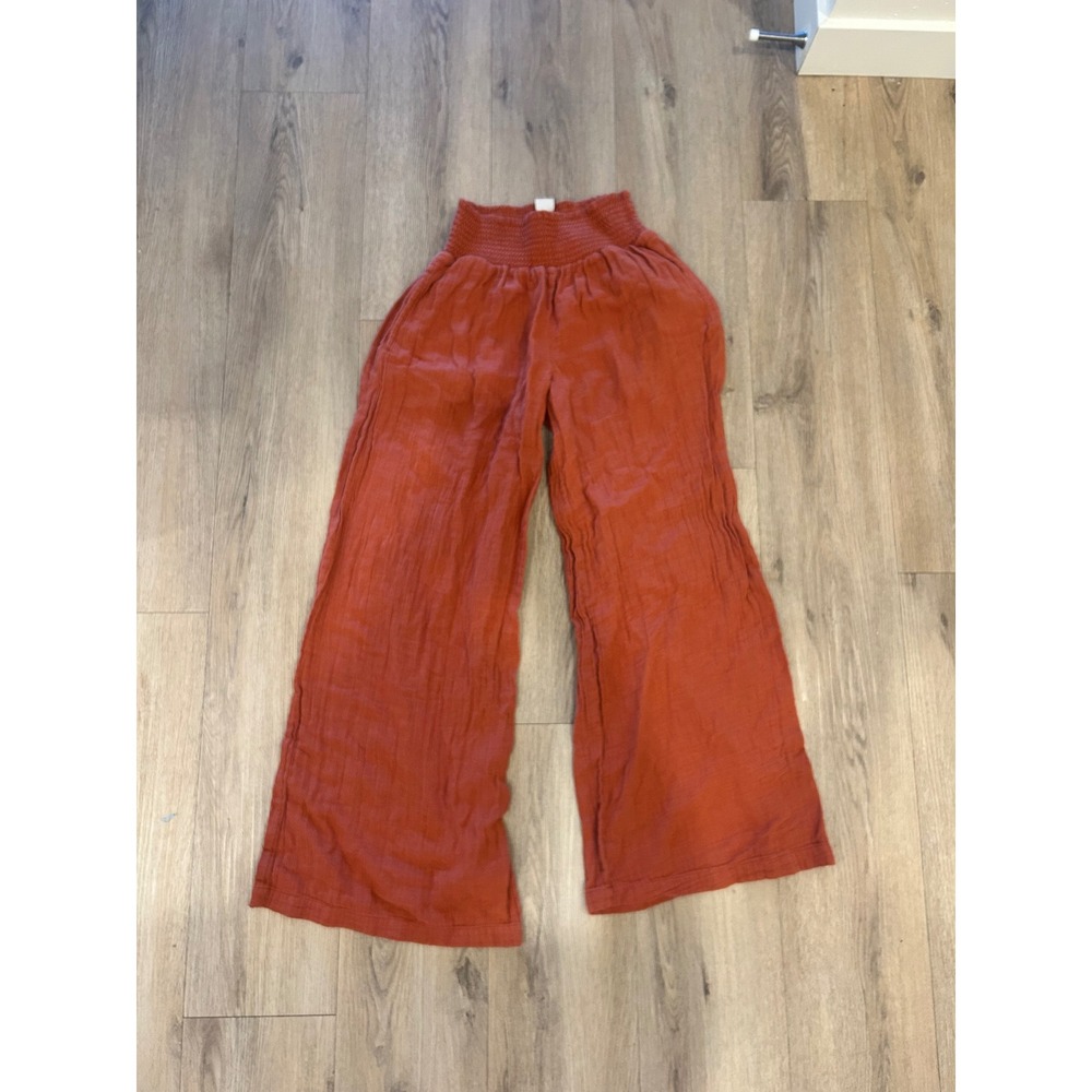 BILA-77 Wide Leg Gauze Pants Smocked Waist Boho Lounge Orange Small